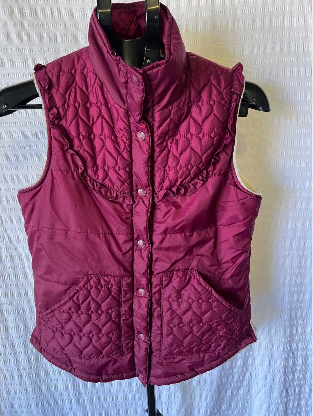 Roxy Quilted Vest Medium Pink Burgundy Heart Print Fleece Lined